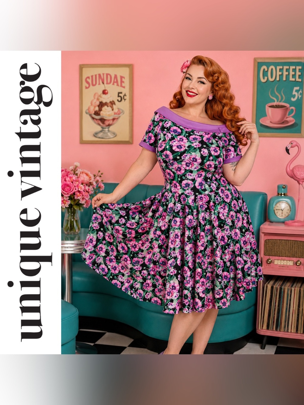 Unique Vintage Dolly & Dotty Purple Poppies Off Shoulder Swing Dress, XL, NWT!